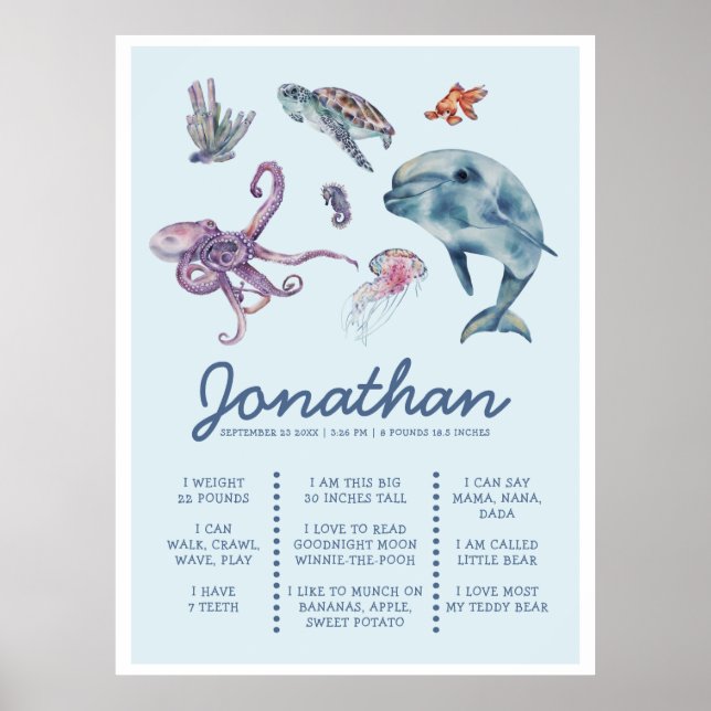Poster Sous l'animal marin moderne 1er anniversaire Jalon (Devant)