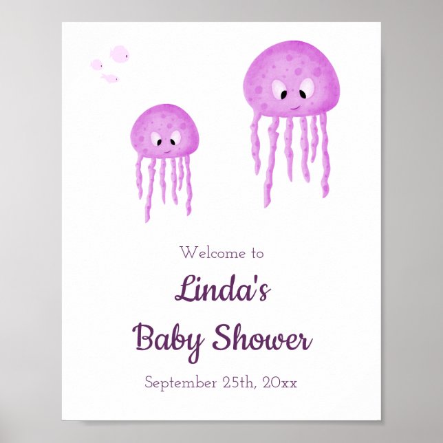 Poster Sous le Baby shower Sea Pink Jellyfish Bienvenue (Devant)