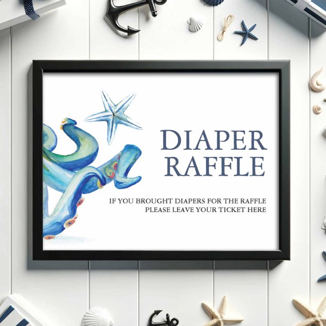 Poster Sous le panneau du Baby shower de  de calamars de  (Baby shower decor nautical diaper raffle sign watercolor blue octopus and starfish Do Tell A Belle)