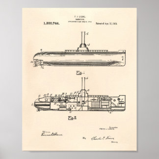 Poster Sous-marin 1919 Brevet Art Vieux Poivre