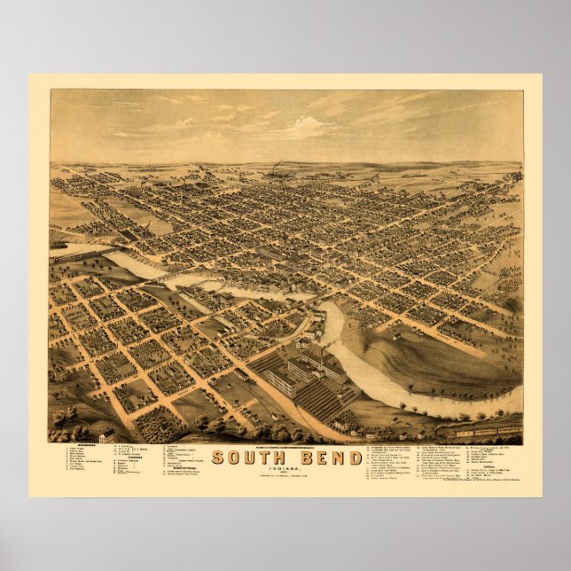 Poster South Bend, IN Panoramic Map - 1874 (Devant)