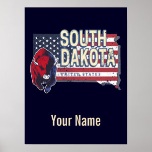 Poster South Dakota États-Unis Carte de l'État Rétro Vint