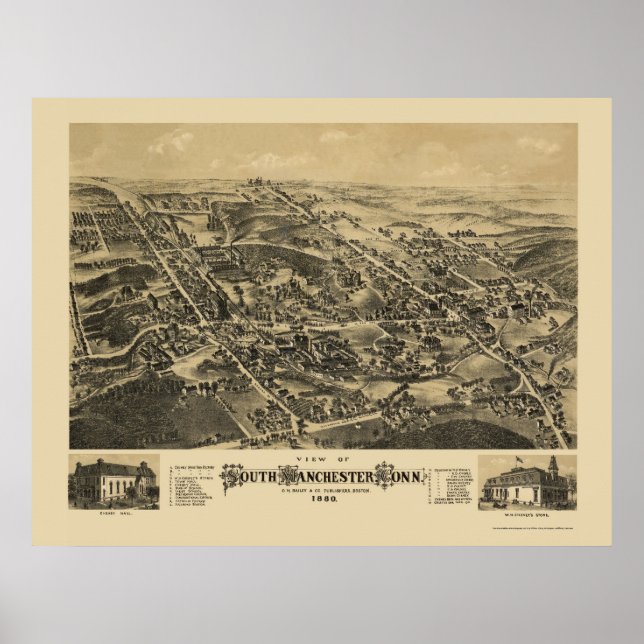 Poster South Manchester, CT Carte panoramique - 1880 (Devant)