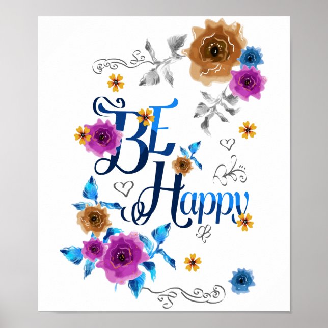 Poster Soyez heureux Quote Positive Bleu Purple Or Fleurs (Devant)