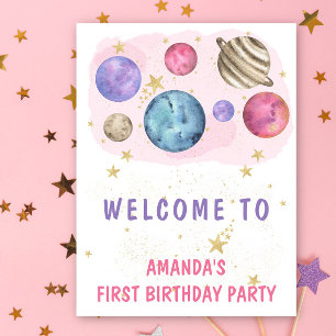 Poster Space Girl Anniversaire Planètes roses Bienvenue F