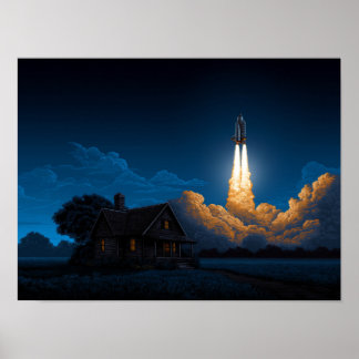 Poster Space Shuttle Rocket Launch At Night Behind Farmho