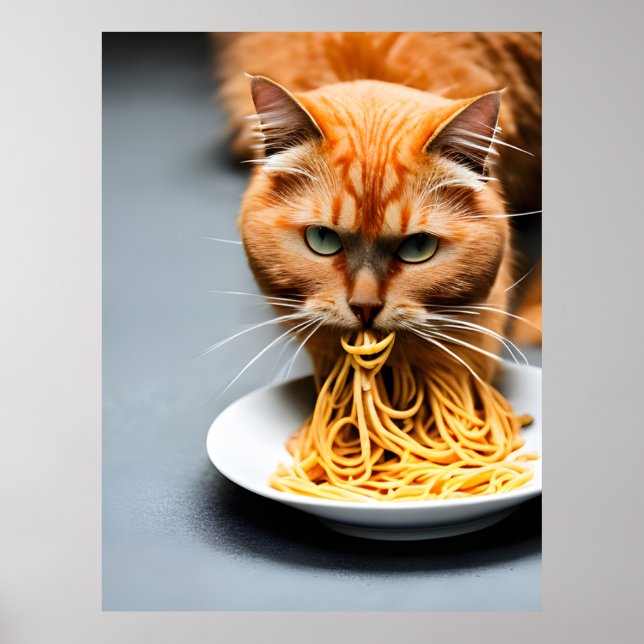 Poster Spaghetti mangeant des chats de gingembre (Devant)