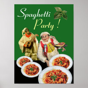 Poster SPAGHETTI PARTY Chef italien et Pulcinella Green