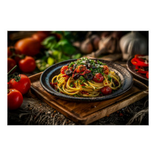 Poster Spaghetti Puttanesca avec tomates fraîches et oliv