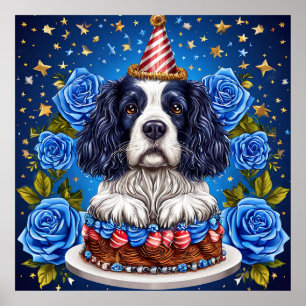 Poster Spaniel Chien Célébrant un Anniversaire avec un Ch