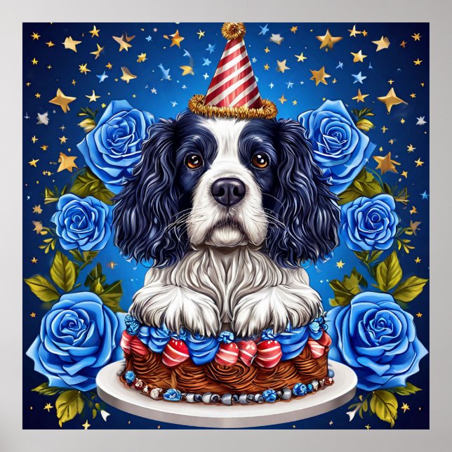 Poster Spaniel Chien Célébrant un Anniversaire avec un Ch (Devant)