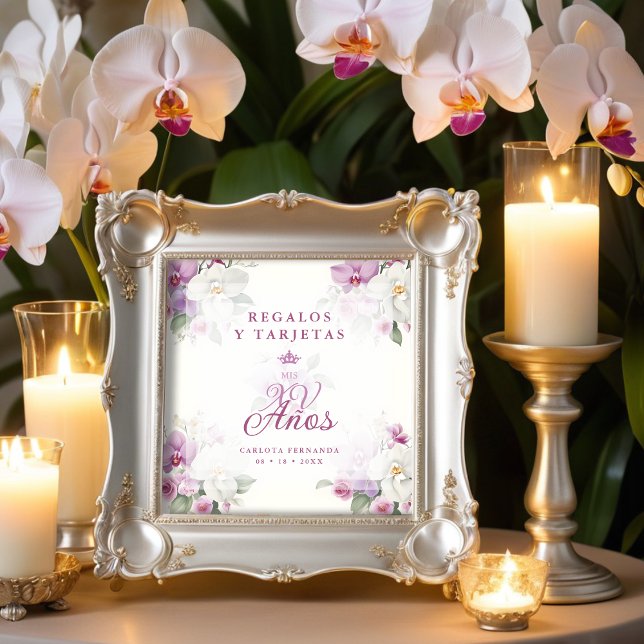 Poster Spanish Cherished Exquisite Floral Pink Orchids (Spanish Cherished Exquisite Floral Pink Shades Orchids Bouquets Mis XV Años Poster.)