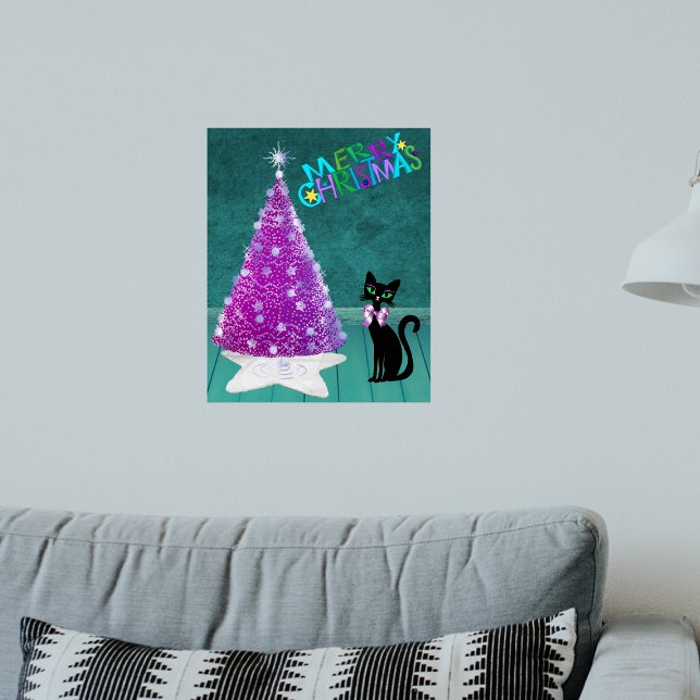 Poster Sparkle Pink Silver Tree Merry Christmas Black Cat (Sparkle pink silver tree black cat with bow in Teal room on Merry Christmas poster.)