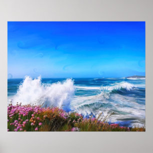 Poster Spectacular impressionist wave with pink flowers