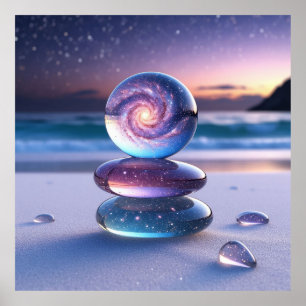 Poster Sphère de verre et galets sur une plage sereine