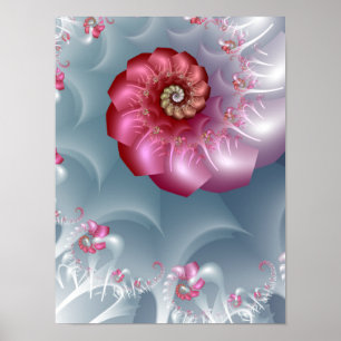 Poster Spirale fractale de rose argentée en rose et gris