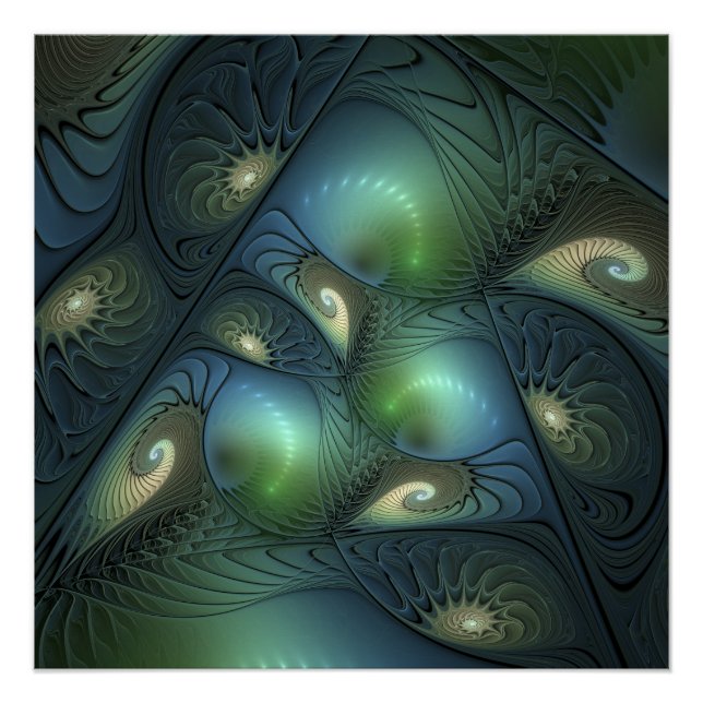Poster Spirales Beige Vert Turquoise Abstrait Fractal Art (Devant)