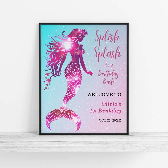 Poster Splish Splash Mermaid Girl 1er anniversaire Bienve (Splish Splash Mermaid Girl 1st Birthday Welcome Sign )