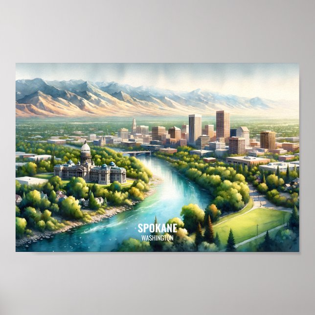Poster Spokane Washington Famous Travel Places aquarelle (Devant)