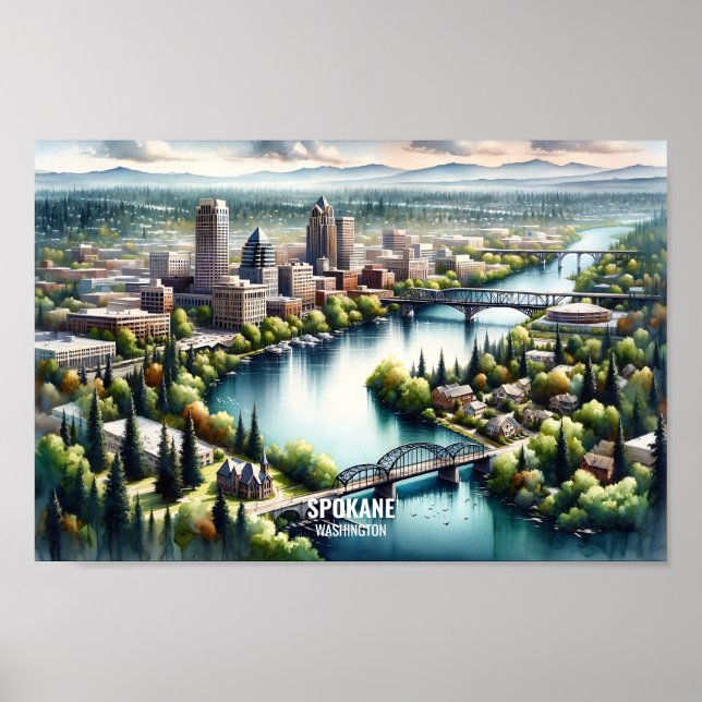 Poster Spokane Washington Famous Travel Places aquarelle (Devant)