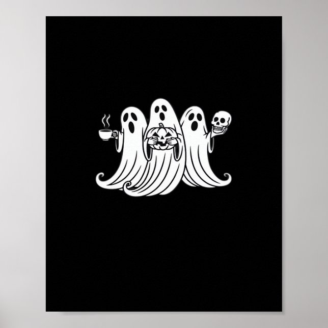 Poster Spooky Coffee Sipping Pumpkin Holding (Devant)