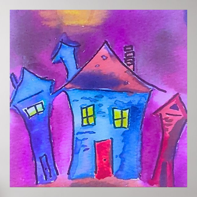 Poster Spooky Halloween Houses Watercolor (Devant)