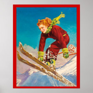 Poster Sports d'hiver vintages, Saut à ski Lady