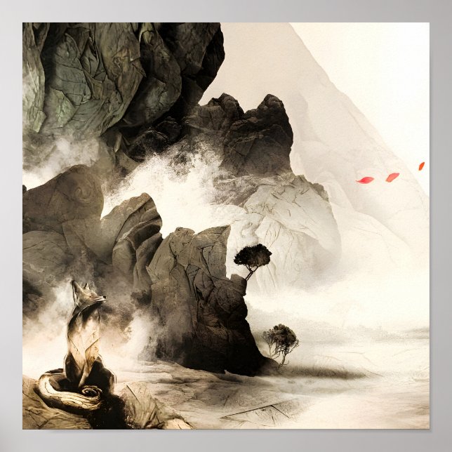 Poster Spring Mystic Fox Misty Mountain Minimalist Zen (Devant)