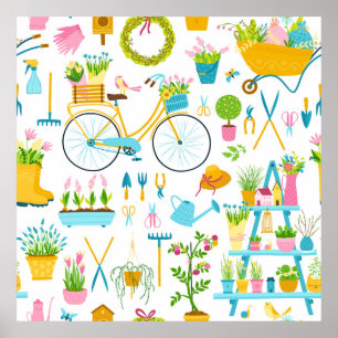 Poster Spring seamless pattern in simple hand-drawn carto