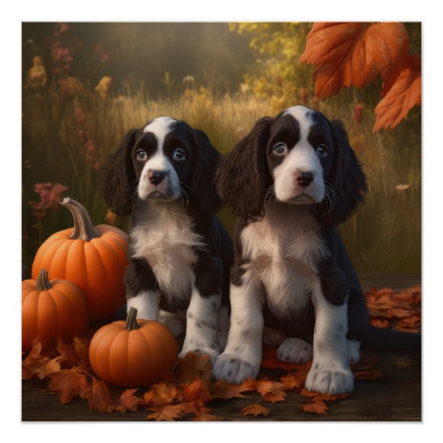 Poster Springer Spaniel Chiot Automne Citrouille de plais (Devant)