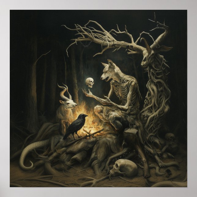 Poster Squelette Chien Moon Witchy AI Art Matte Value (Devant)