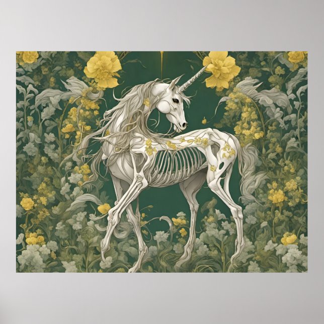 Poster Squelette de licorne dans les fleurs jaunes (Devant)