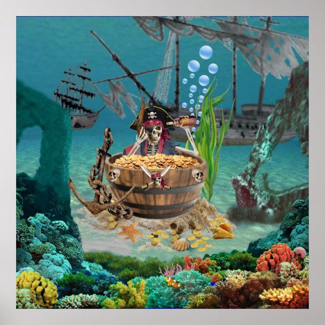 POSTER SQUELETTE DE PIRATE DANS UN TONNEAU (Devant)