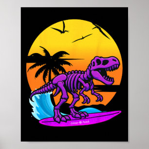 Poster Squelette de T-rex surfant au néon avec rétro plag