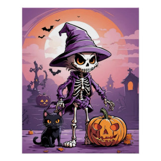 Poster squelette d'Halloween avec chat noir et citrouille