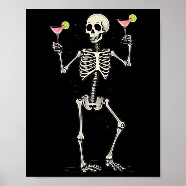 Poster Squelette d'Halloween buvant queue cosmopolite (Devant)