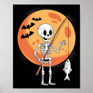Poster Squelette drôle d'amateurs de pêche Lune Spooky Ha