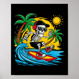 Poster Squelette drôle faisant du surf sur une planche de