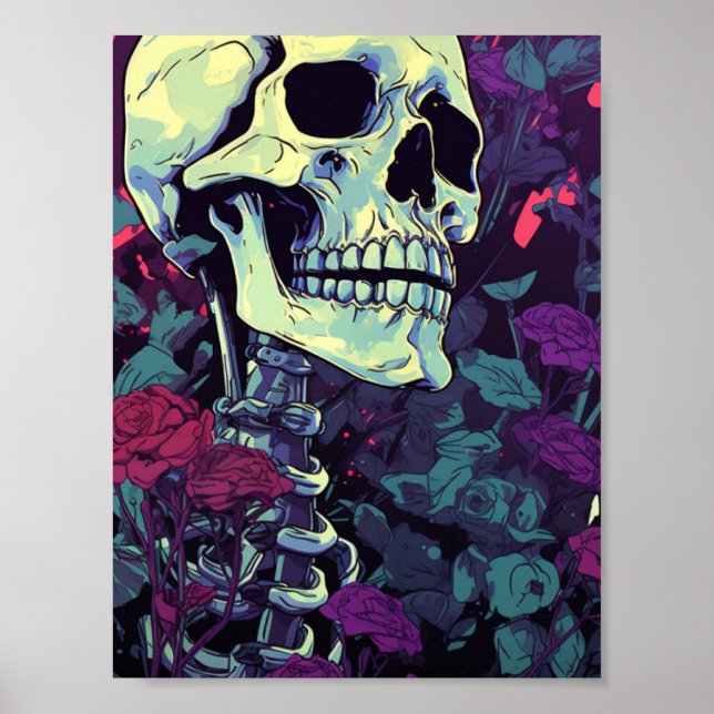 Poster Squelette en fleurs violettes (Devant)