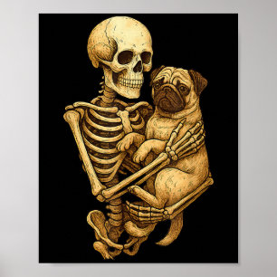 Poster Squelette étreignant Pug Halloween Amoureux de Pug