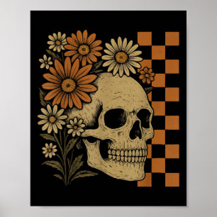 Poster Squelette floral rétro Drôle crâne Halloween