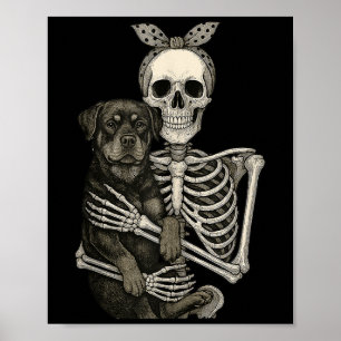 Poster Squelette tenant Rottweiler chien drôle Lazy Hallo