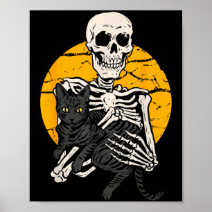 Poster Squelette tenant un chat noir drôle de chat d'Hall