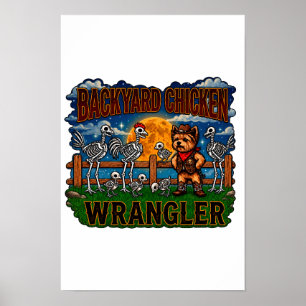 Poster Squelettes de poules & Yorkie cow-boy Halloween