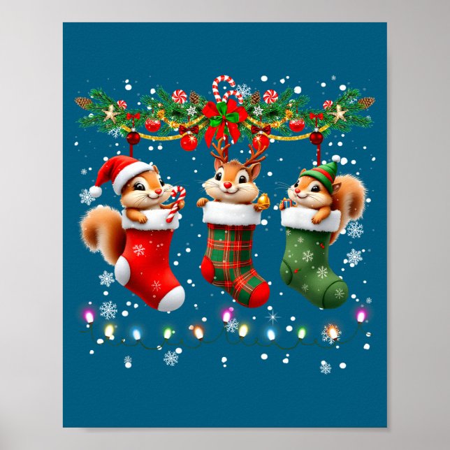 Poster Squirrel In Christmas Socks Lights Squirrel Xmas  (Devant)