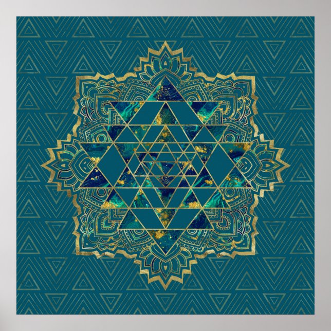 Poster Sri Yantra / Sri Chakra Or, marbre et Turquoise (Devant)