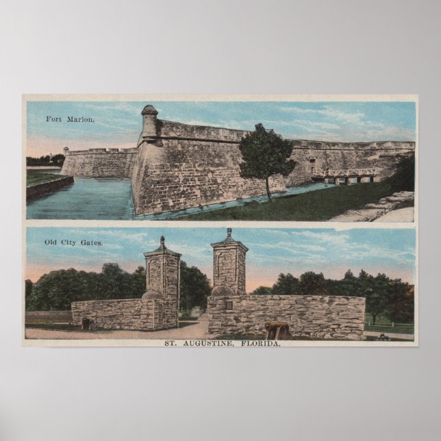 Poster St. Augustine, FL - Vue de Ft. Marion & City (Devant)