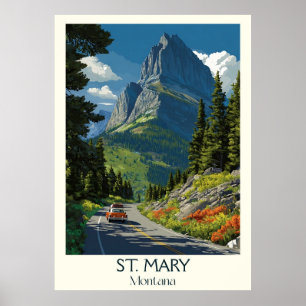 Poster St. Mary Montana Vintage Glacier Lake Road Art