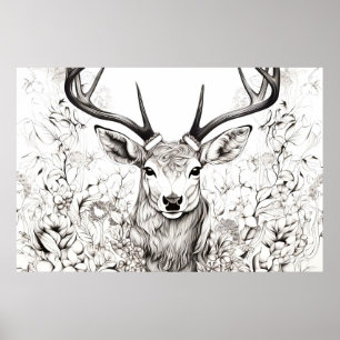 Poster Stag Deer Nature paisible Esquisse de prairie