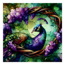 Stained Glass Peacock Floral Wreath Art